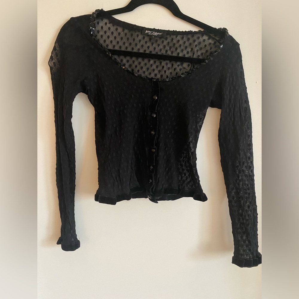 Betsy Johnson sheer button up top/jacket with velvet and rose trim. Size M